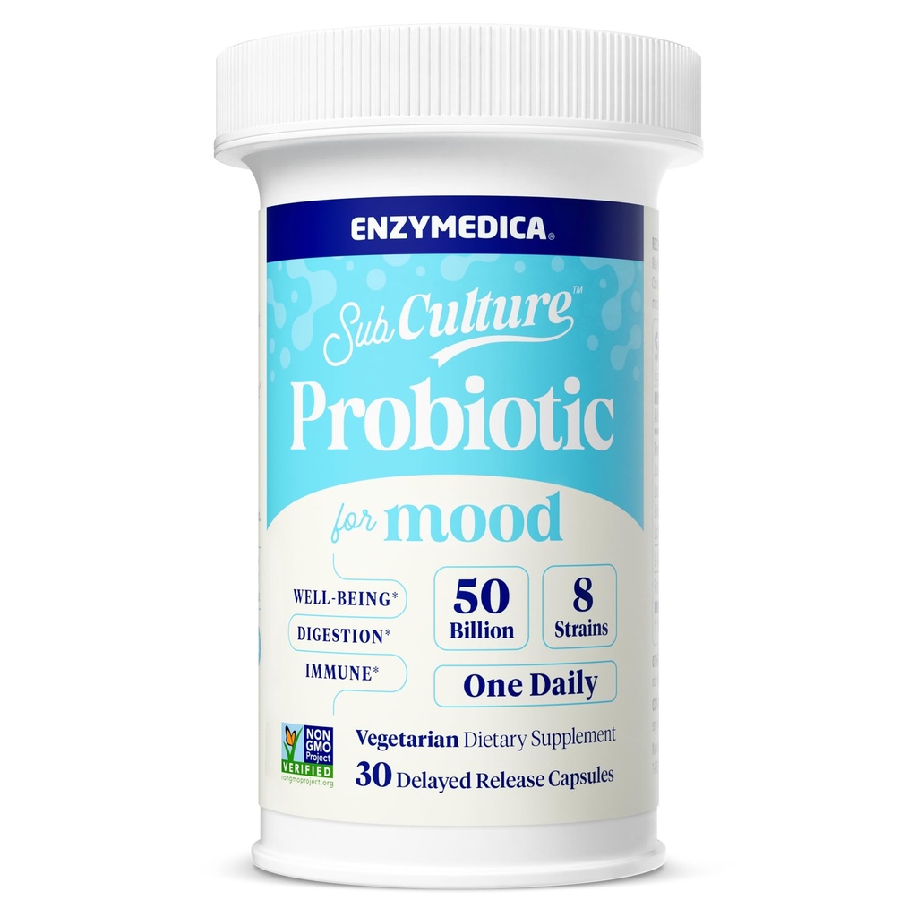 Enzymedica SubCulture Probiotic for Mood, Stress & Sleep - Probiotic + L-Theanine for Women & Men, Psychobiotic Supplement, 50 Billion CFU, Digestive & Immune Health Support, Vegetarian - 30 Caps