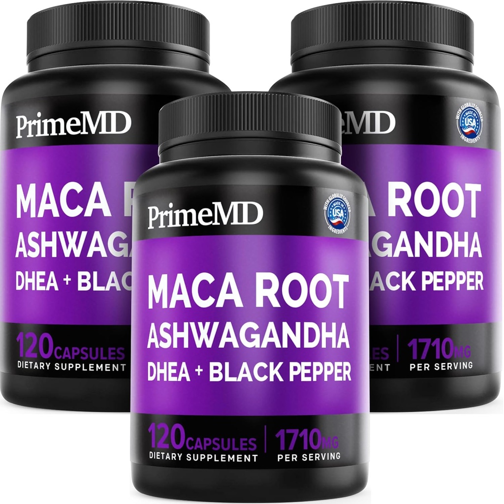 6.in-1 Organic Maca Root Ashwagandha Capsules 1710mg with DHEA and Black Pepper Fruit Extract for Women and Men - Black Maca supplement for Stamina, Bone and Mood Support supplement, 120ct (Pack of 3)
