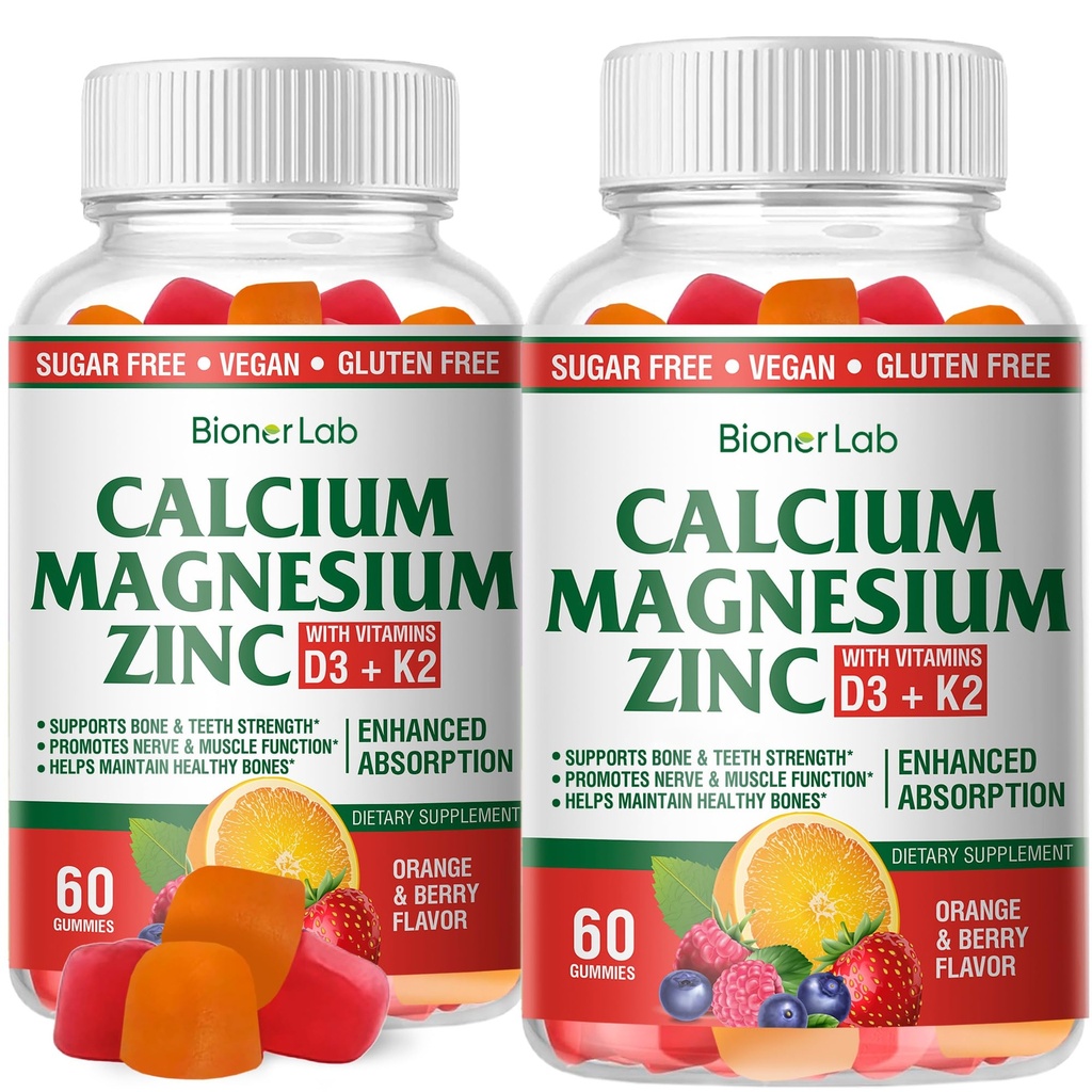 BionerLab Calcium Magnesium Zinc Gummies with Vitamin D3 & K2 - High Absorption Complex with Magnesium Glycinate Calcium Zinc Citrate for Bone Muscle & Immune Health - Sugar-Free Orange Berry Flavored