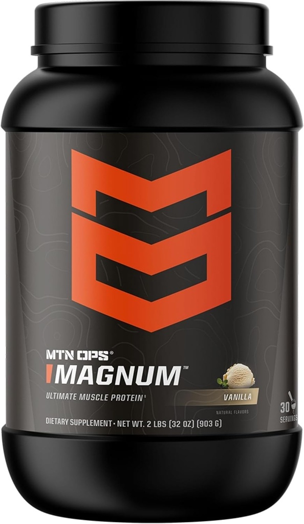 MTN OPS Magnum Vanilla Protein Powder, 23g of Whey Isolate Protein &amp; Milk Protein with BCAAs, Zero Sugar & Gluten Free, Vanilla Milkshake, 30-Serving Tub