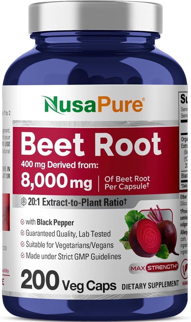 NusaPure Organic Beet Root 20:1 Extrakt, 400 mg Äquivalent zu 8.000 mg - Black Pepper 4:1 Extrakt, 10 mg - 200 Veggie Caps (Vegan, Non-GMO)