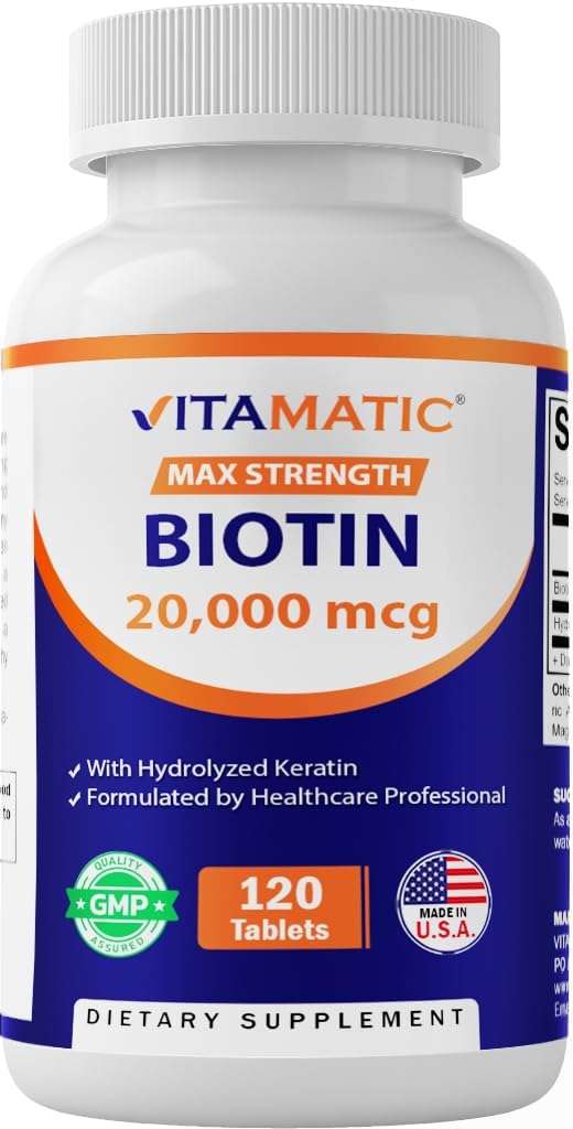 Vitamatic High Potency Biotin 20000 mcg (20 mg) s keratínom 100 mg - 120 vegetariánskych tabliet - Biotín doplnky pre zdravé vlasy kože a nechty pre dospelých (120 počet (Pack of 1))