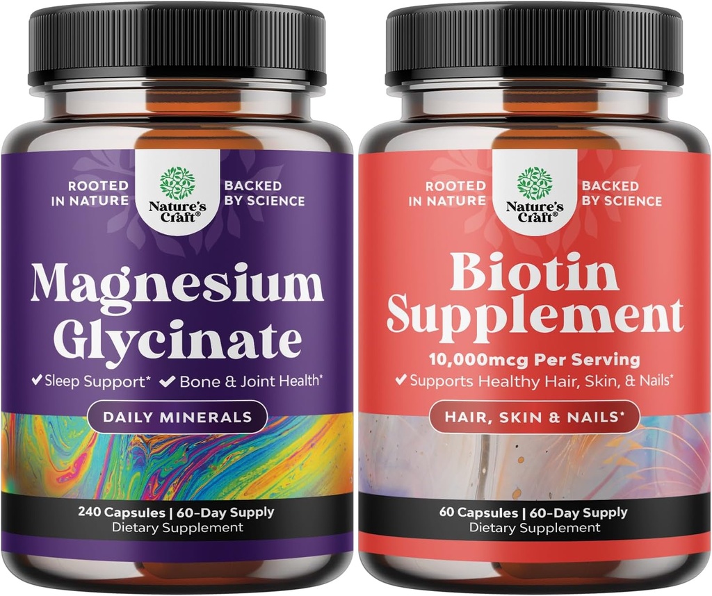 Bundle Pure Magnesium Glycinate 400mg Pro Serviving for Mood Sleep and Relaxation 240ct and Pure Biotin Pills for Women Men - Stop Hair Loss Thinning Natural Supplement