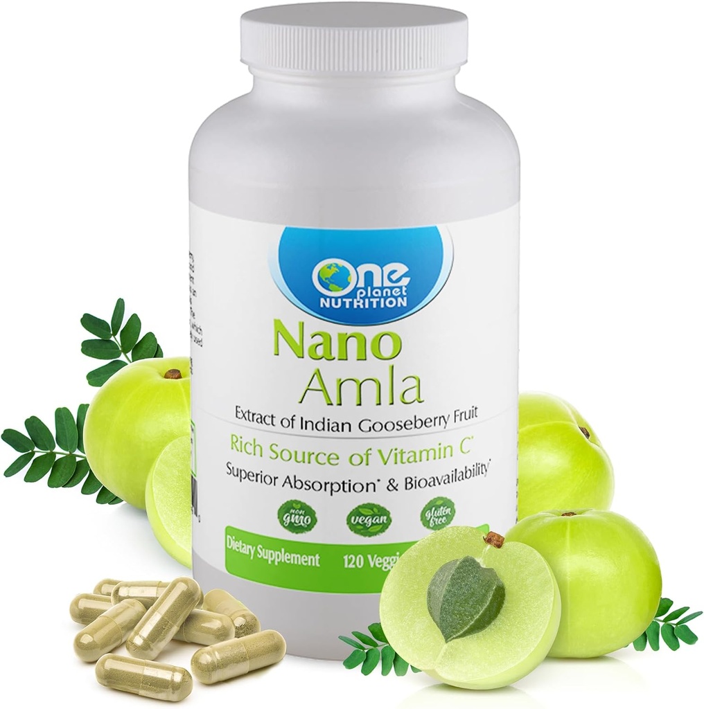 One Planet Nutrition Nano Amla 500 мг капсулы Veggie (120 порций), экстракт фруктов Amla, с высоким содержанием витамина С для производства коллагена и иммунной поддержки, не-ГМО, веган, без глютена