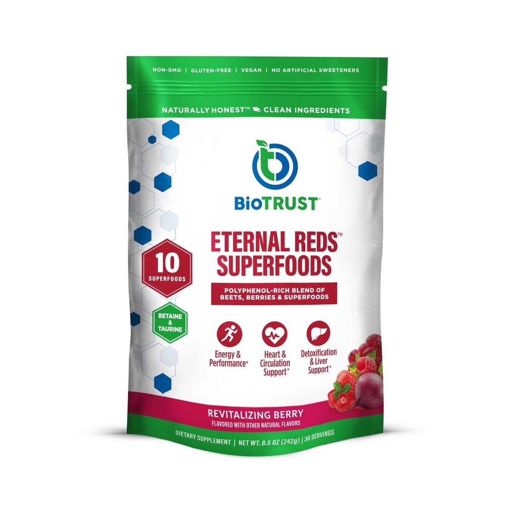 BioTrust Eternal Reds, Red Superfoods Powder, Support for Heart Health and Circulation, Energy, Stamina, No Added Sugar or Caffeine, Naturally Flavored and Sweetened, Berry Flavor (30 Servings)