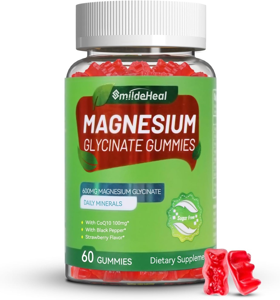 Magnesium Glycinate Gummies 600mg for kvinner og menn, med magnesium L-Treonate 300mg, CoQ10 og Black Pepper, Vegan (60 greve)