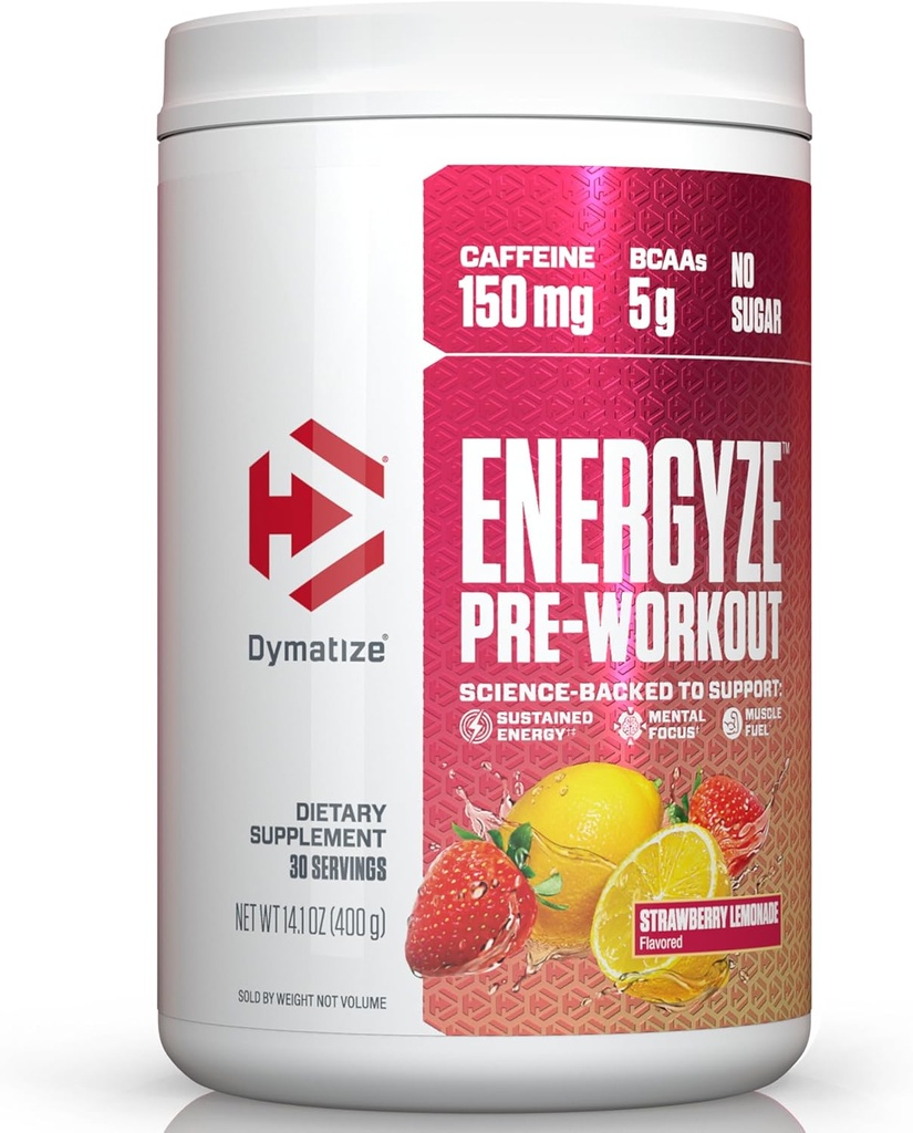 Dymatize Energyze 전 운동 분말 남자와 여자, 딸기 Lemonade, 150mg 카페인, 5g BCAA, L-Theanine, L-Tyrosine, L-Citrulline, 설탕 (30 봉사)의 성능 혼합