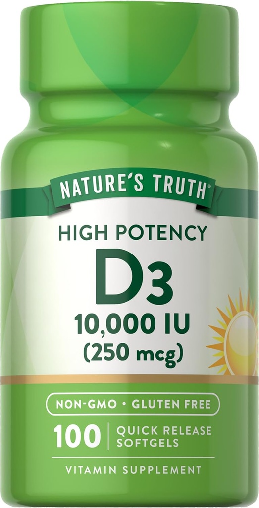 Nature 's Truth D3 Vitamin 10.000 IU Softgels Dodatek 124; 100 Počet 124; High potency Formule 124; Non- GMO a gluten zdarma