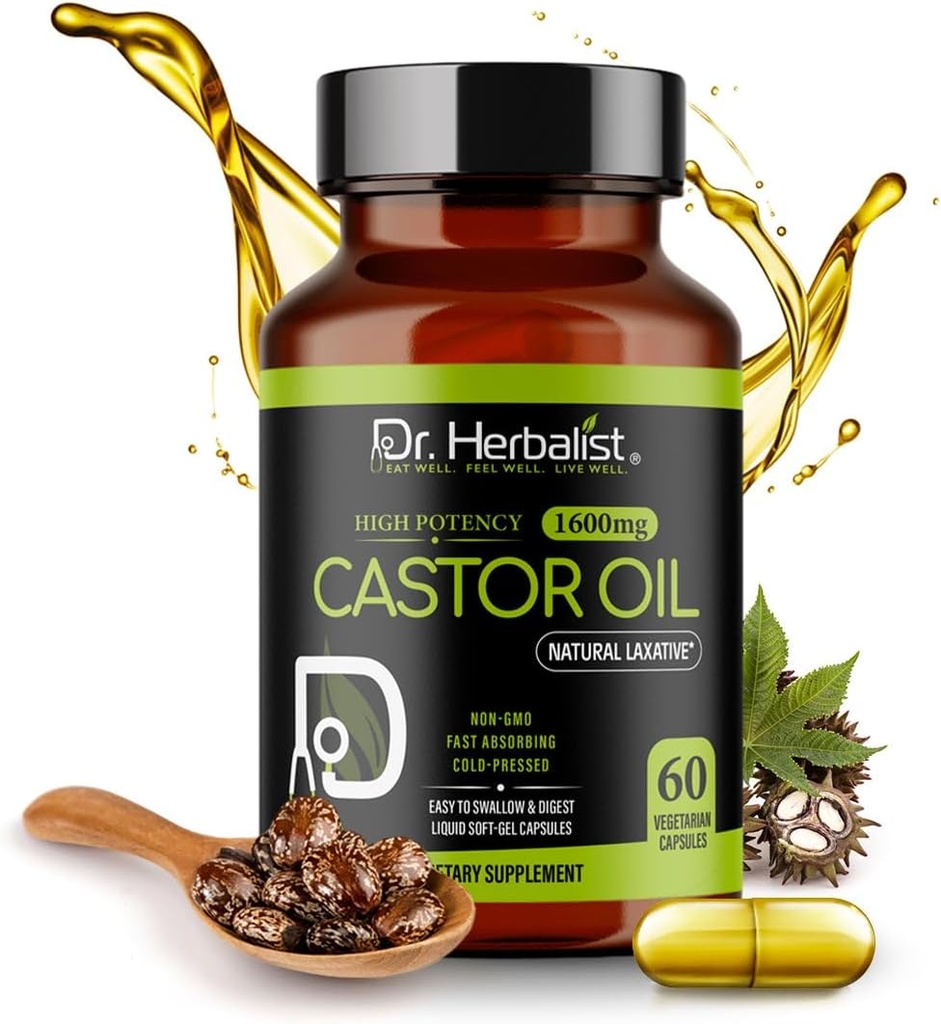 HERBALIST Castor Oil Capsules博士 - 每人1600毫克,60个计数 - 非GMO、快速吸附、蔬菜、冷椒和高概率 - 支持皮肤、毛发、天然氧化剂和消化健康