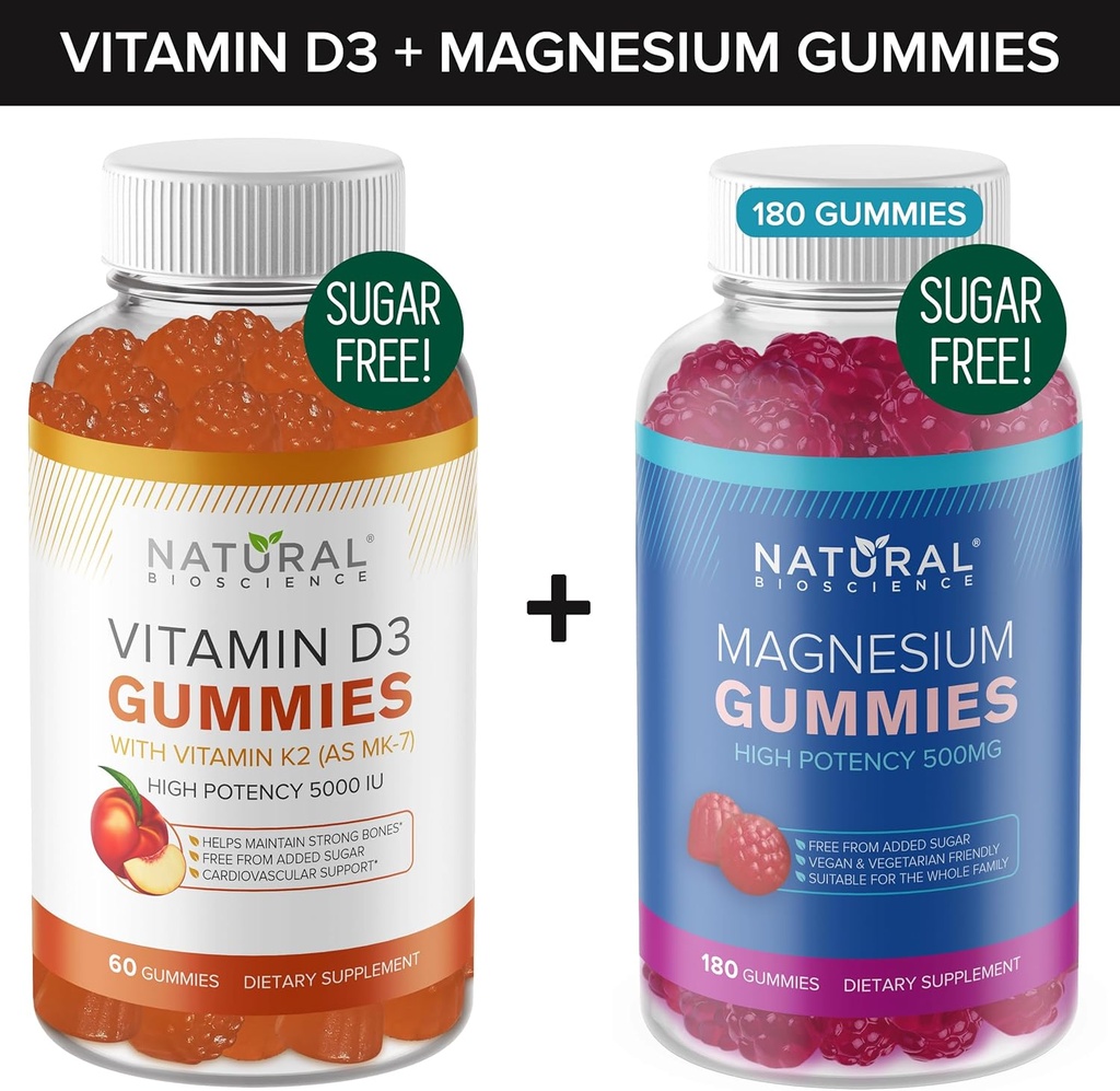 Azúcar Vitamina D3 K2 Gummies (60 Gummies) y Azúcar Gummies de Magnesio Extra Gratuito (180 Gummies), Vitamina D3 Gummies 5000 IU+K2 MK7 80 mcg, Magnesium Citrate Gummies 500 mg