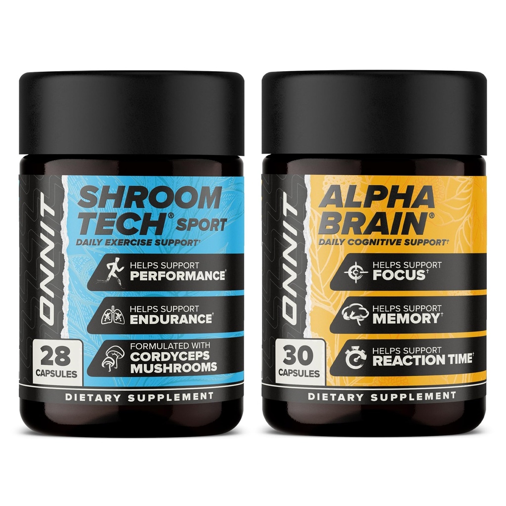 ONNIT Cognitive & Endurance Support Bundle: Alpha Brain Nootropic Capsules (30 Count) + Shroom Tech Sport Exercise Support Capsules (28 Count), IGEN Non-GMO Tested Focus, Energy & Endurance, 2 Pack