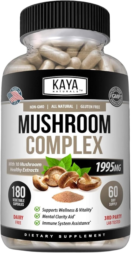 Kaya Naturals Complexo de Mushroom Premium Potent - Suplemento de cogomelo - Capsules Complexo de Mushroom 1995mg Per Serving - Axudas claridade mental soporta sistema inmunitario, benestar e vitalidade - 180 Conde