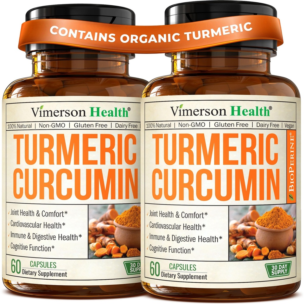 Turmeric Curcumin Supplement – 1200mg Organic Turmeric Curcumin with Black Pepper Extract for Max Absorption – Digestive & Joint Supplements for Men & Women w. Tumeric Extract & Bioperine – 2 Pack