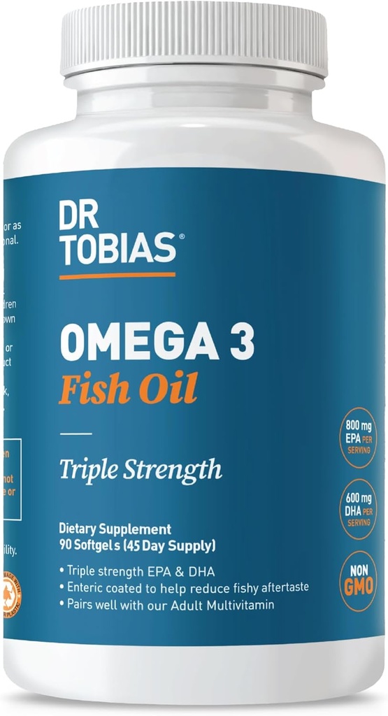 Tobias Omega 3 Fish Oil, 2000mg Triple Vahvuus 800mg EPA 600mg DHA Per Serving, Fish Oil Omega 3 Lisäravinteet sydän, aivot ja immuuni tuki, 90 Softgels, 45 Tarjoilu