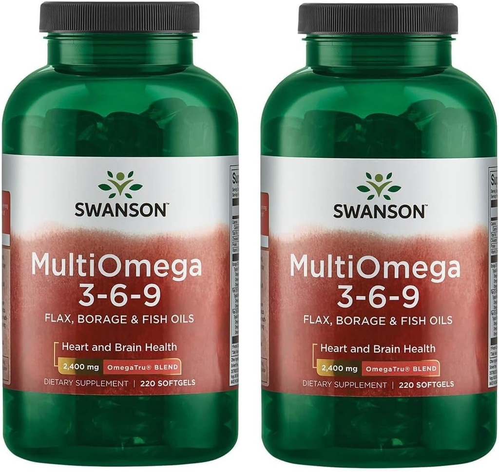 Swanson MultiOmega 3-6-9 - Non-GMO Flax, Borage & Fish Oil Capsules - Essential Fatty Acids Supporting Cardiovascular Health & Brain Health - (220 Softgels, 2400mg Servering) 2 flaskor