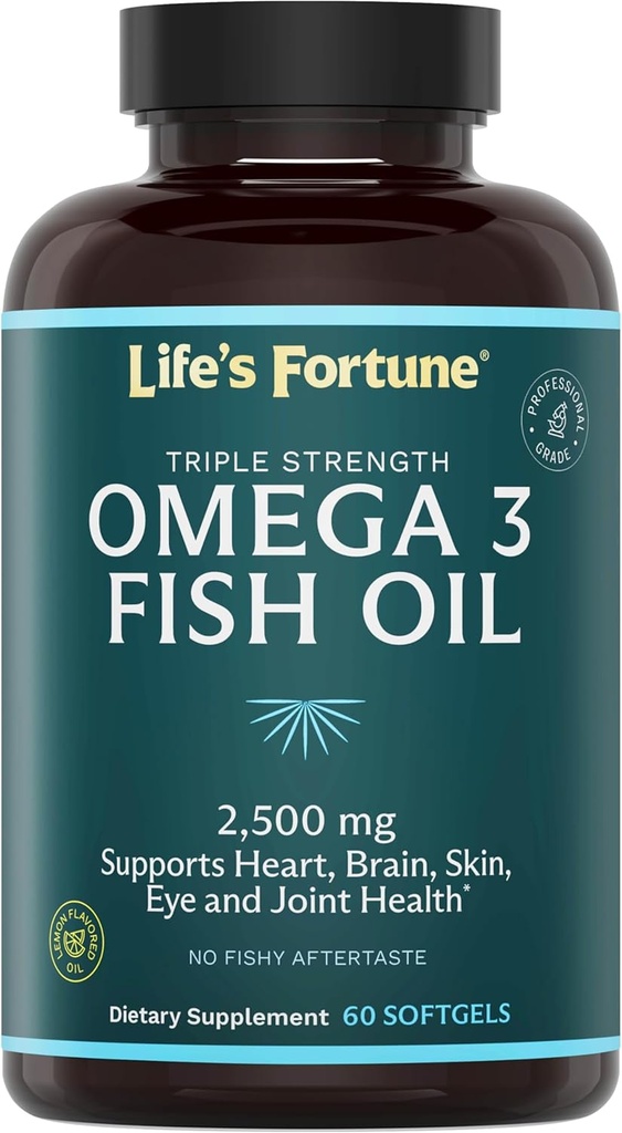 Aceite de pescado de la fortuna Omega 3 Concentrar Suplemento 2500 mg, 60 Softgels, alta potencia, EPA & DHA Fatty Acid - Corazón, cerebro, piel, articulaciones - No GMO