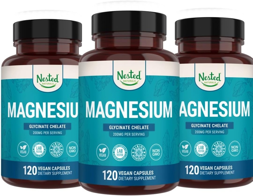 Nested Naturals Magnesium Glycinate Chelate | Magnesium Supplement för muskelkramper, avkoppling och sömnstöd | 100% chelated Albion TRACCS Buffered Magnesium Glycinate 200mg | (3-Pack)