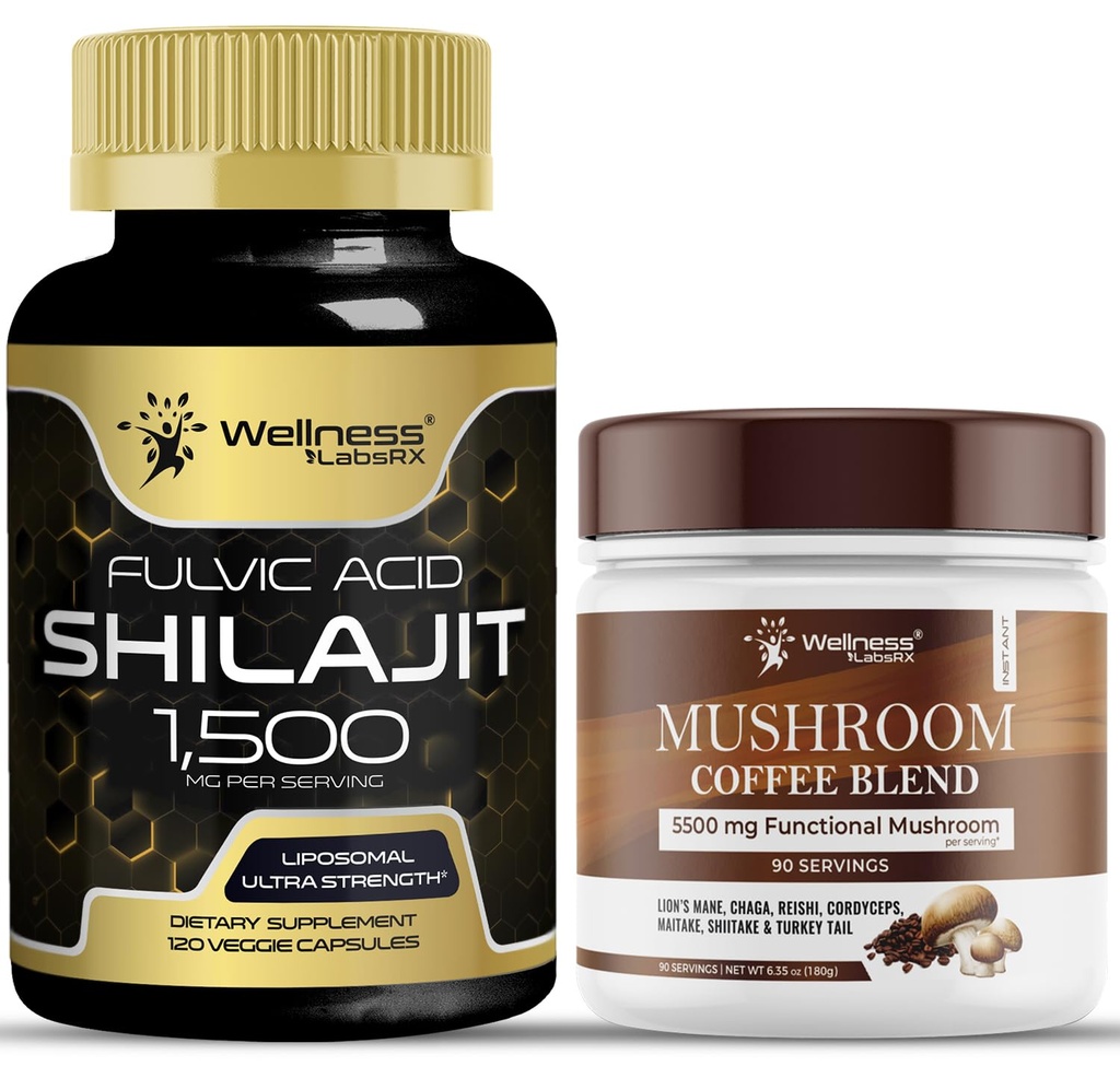 WELLNESS LABSRX Shilajit Pure Himalayan Capsules 15,000mg - Mushroom Coffee Blend | Bundle