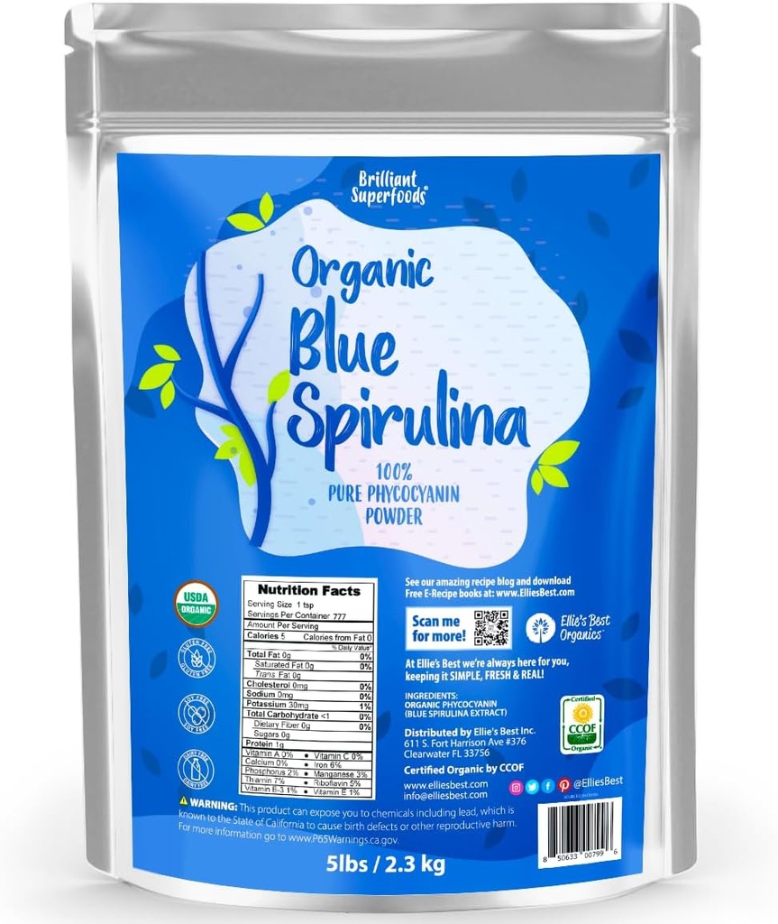 유기 블루 Spirulina 분말 Superfood 보충교재 - 5LB 대량 - 무취 - Vegan, 비 GMO, 글루텐 자유로운, 낙농 자유로운, 화려한 파란 음식 착색 - 순수한 물은 추출했습니다