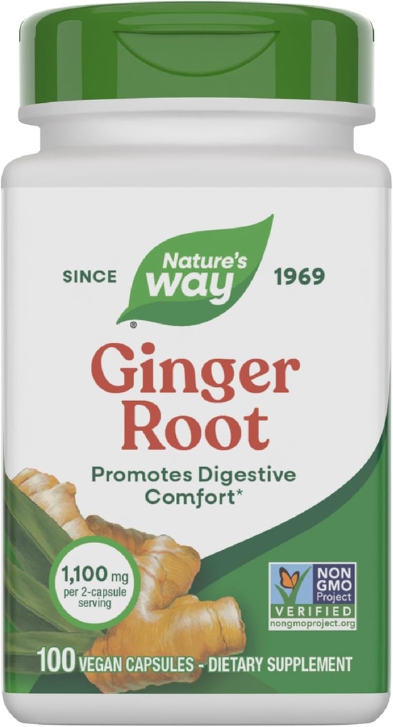 Naturens måte Ginger Root, fremmer digestiv komfort*, 1,100 mg per 2-kapsule servering, ikke-GMO-prosjekt verifisert, Vegan, 100 kapsler