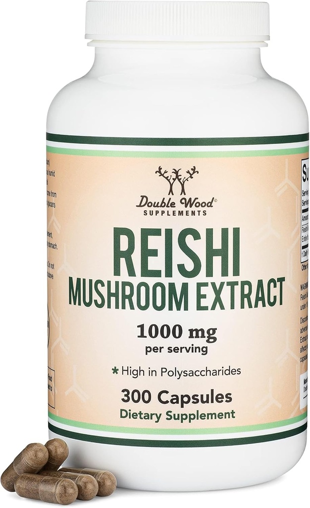 Reishi grybų kapsulės (4: 1 Ganodermos ekstraktas, 1 000 mg raudonasis Reishi miltelių apvalkalas) 300 Count, 5 mėnesių tiekimo, Stiprus grybų priedas imuninės sistemos paramos ir gynybos dvigubo medžio