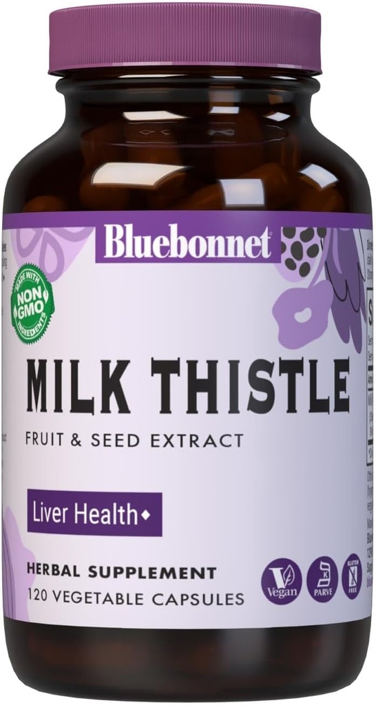 BlueBonnet Nutrition Milk Thistle Fruit & Seed Extract, Leversundhed *, Non- GMO, Vegan, Kosher Certified, Gluten- Free, Soy- Free, 120 Vegetabilske kapsler, 120 Servere