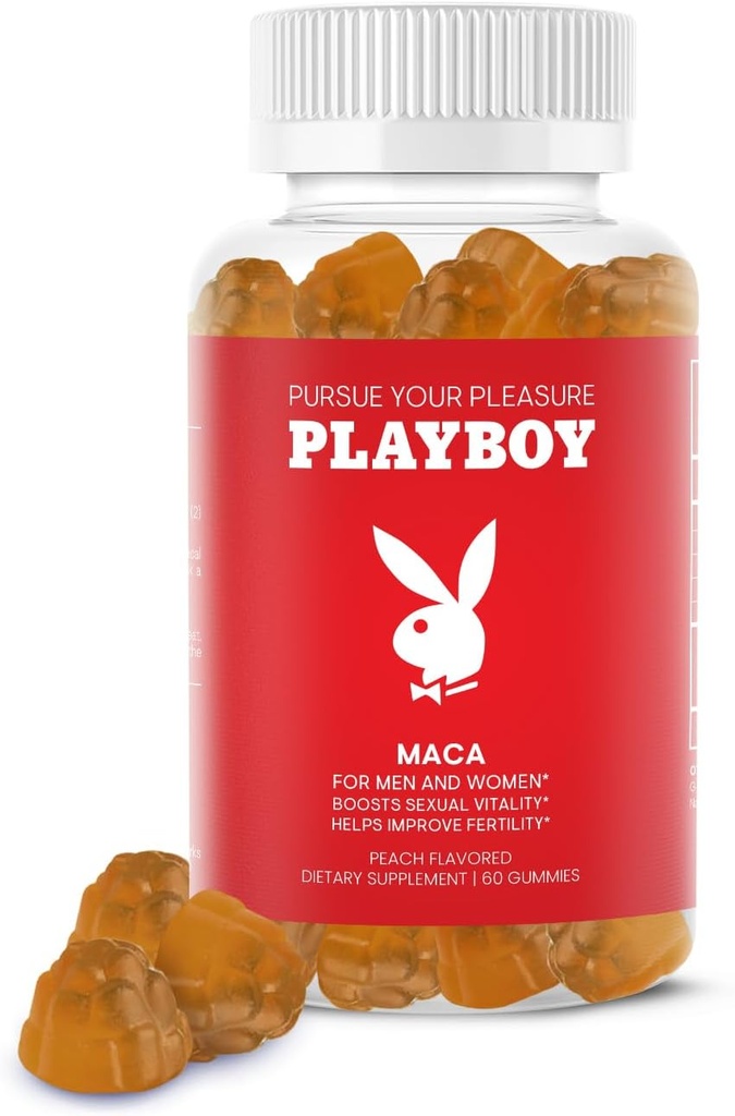 Playboy - Maca Root Gicks for Dones i homes (60 Compte - Peach Flavored) - Boond Sy Vitalty, Libido, Fertility - Maca Gruch suplementari - 100% Natural, Vegan GMO - 4: 1 Extra Maca Perúana