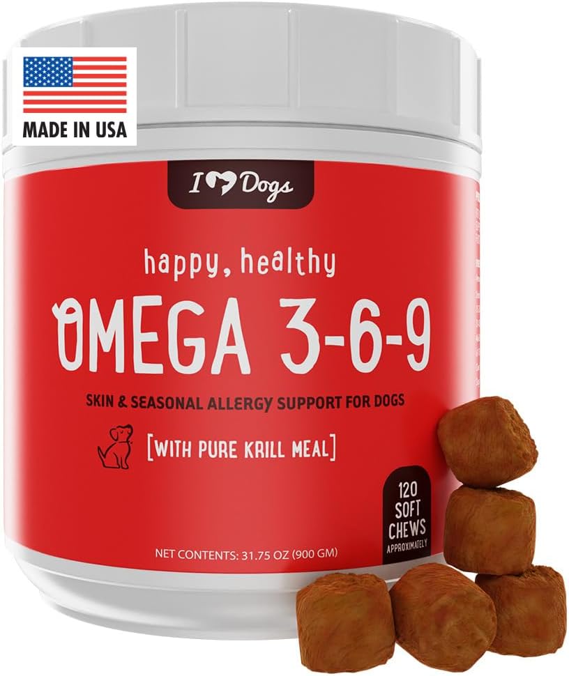 iHeartDogs Omega 3-6-9 for Dogs - Skin and Coat Fish Oil supplement for Dogs with Pure Antarctic Krill Oil - Allergy ' Itchy Skin Relief Chews, 120 count