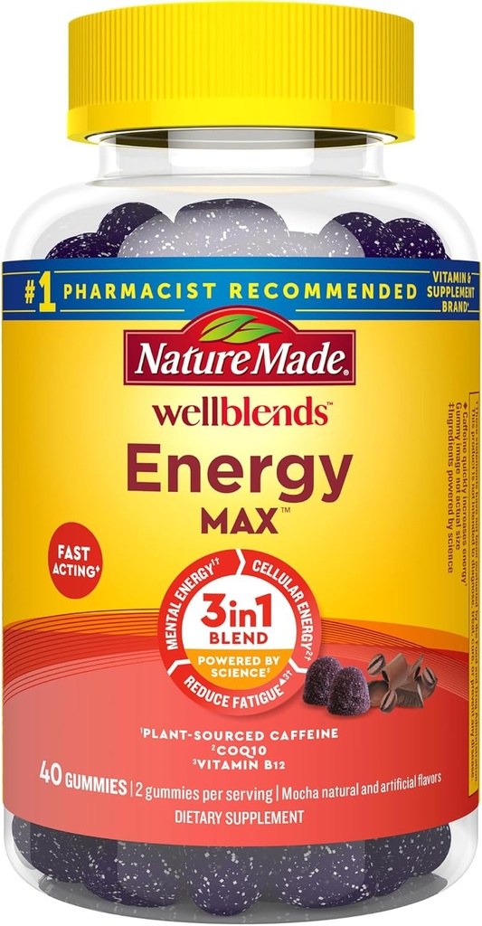 Gamta Pagaminta Wellmits EnergyMAX Gummies, Greitai veikiantis kofeinas, CoQ10 & Vitaminas B12 1000mcg, Energijos Parama Gummy Vitaminai, 40 Gummies