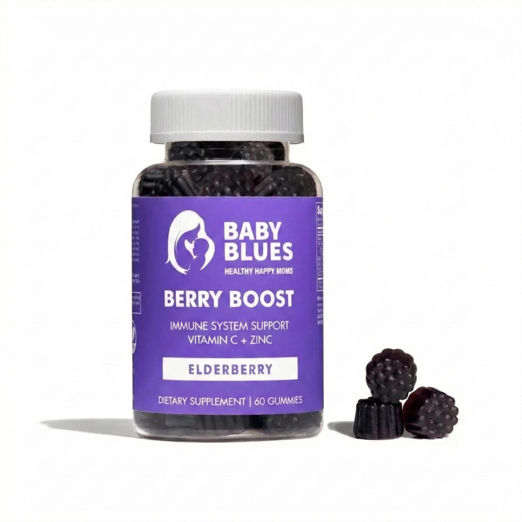 Baby Blues Berry Boost Elderberry Gummies for Women, Postnatal Immune Support with Vitamin C and Zinc for Moms, Postpartum and Breastfeeding, Dark Cherry, Vegan, 60 Count