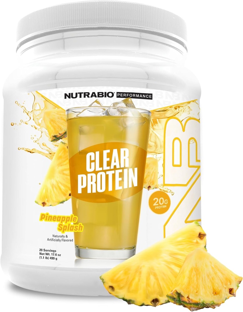 NutraBio Clear Protein Powder, Pineapple Splash - 20 servizos, 20g Clear Whey Protein Isolate, 0 Sugar, 0g Lactose, Refreshing Fruit Flavors, GLP1 Support - Bone Health - Muscle Post Recuperación
