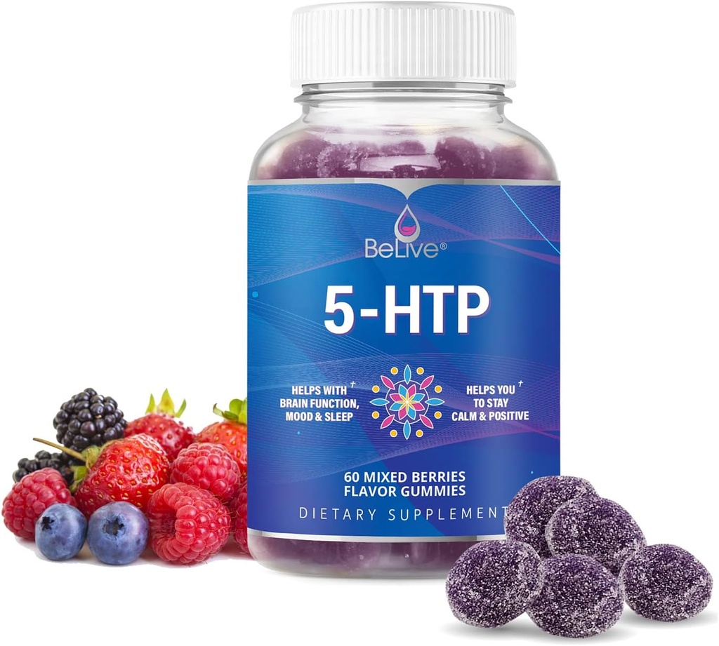 BeLive 5-HTP Gummys - 60 Ct I 5HTP 压力救济Gummys for Better Sleep,Highted Focus,Mood Boster 和压力救济I Serotonin 成人助攻,Vegan 5 HTP 补充 - 混合贝里士Flavor