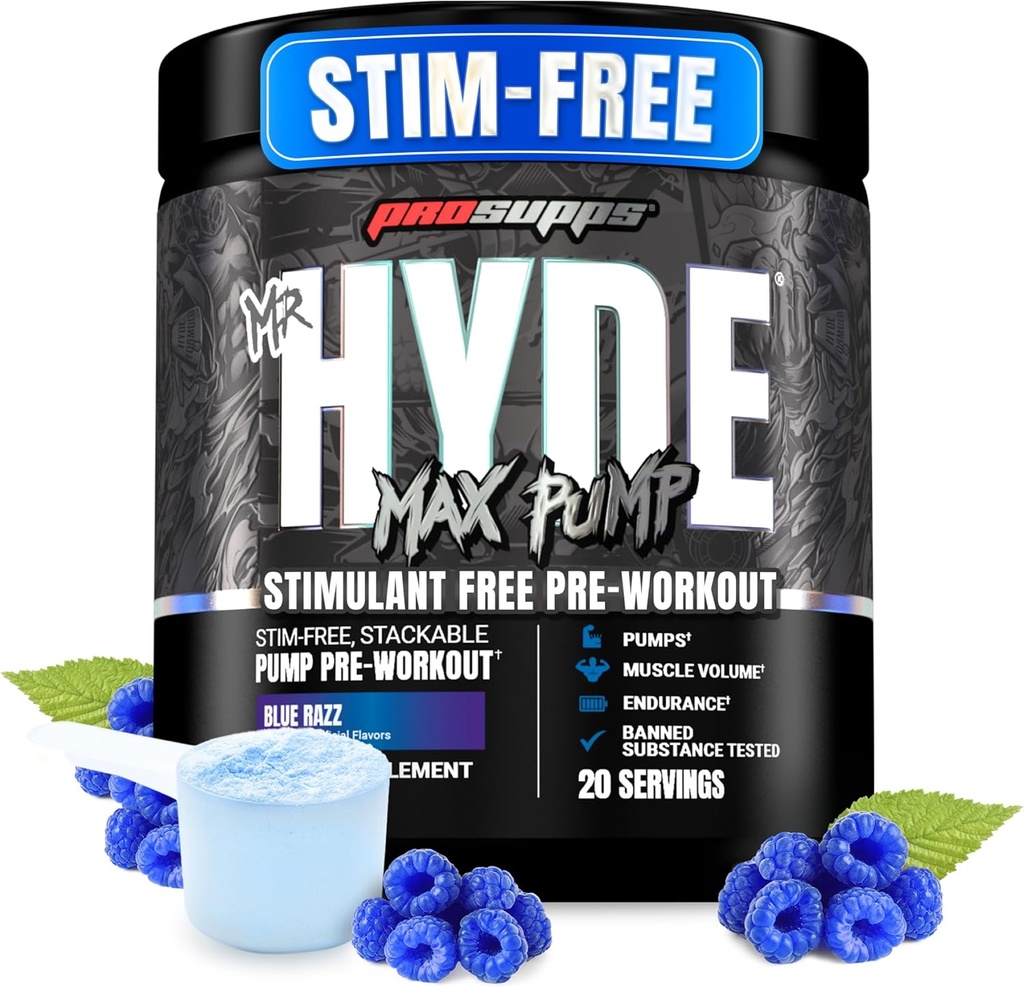 PROSUPPS Mr. Hyde Max Pompa Powder Pre Workout - Stim- Free Pretraining Supports Blood Flow, Muscle Volume & Endurance - Caffeine- Free Nitric Oxide Gym & Fitness Suplemen (Blue Razz, 20 Pelayan)