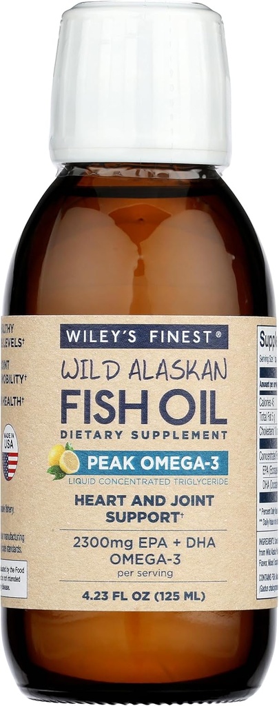 Wiley’s Finest Wild Alaskan Fish Oil Peak Omega-3 Liquid Supplement - 2300mg EPA e DHA Omega-3s - Limone Flavor - 4.23 Oz (25 Serve)