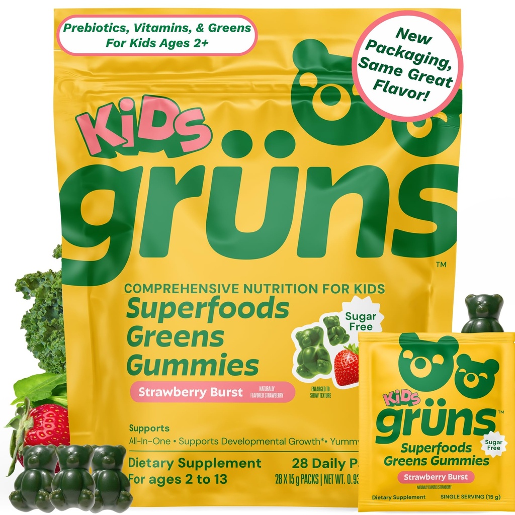 Gruns Multivitamin for Kids, Sugar-Free, Super Greens Superfood Gummy Bears with 20 Vitamins & Minerals, Alfalfa, Spirulina, Chlorella, Prebiotics Fiber for Digestive Health, Adaptogens, 28 ct