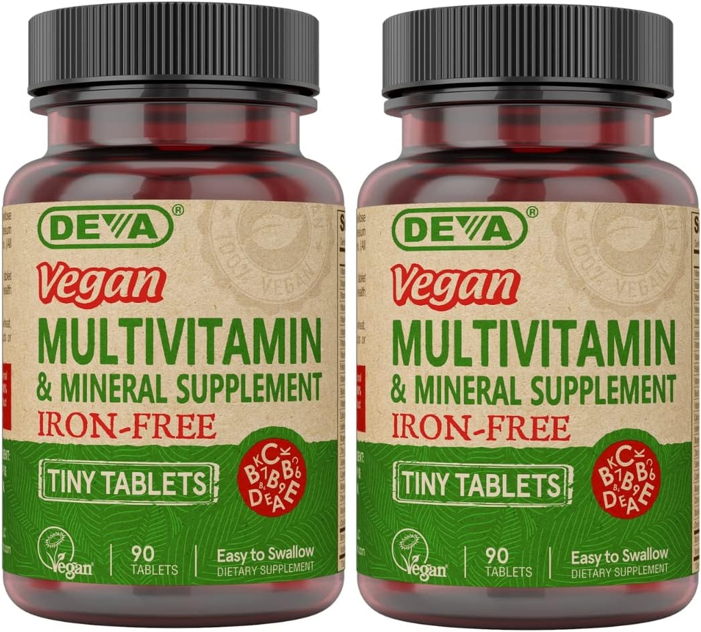 DEVA Veganistisch multivitamine- en mineraalsupplement 2-pack, vitamine C, D2, E & B-complex, biotine, 90 kleine tabletten elk