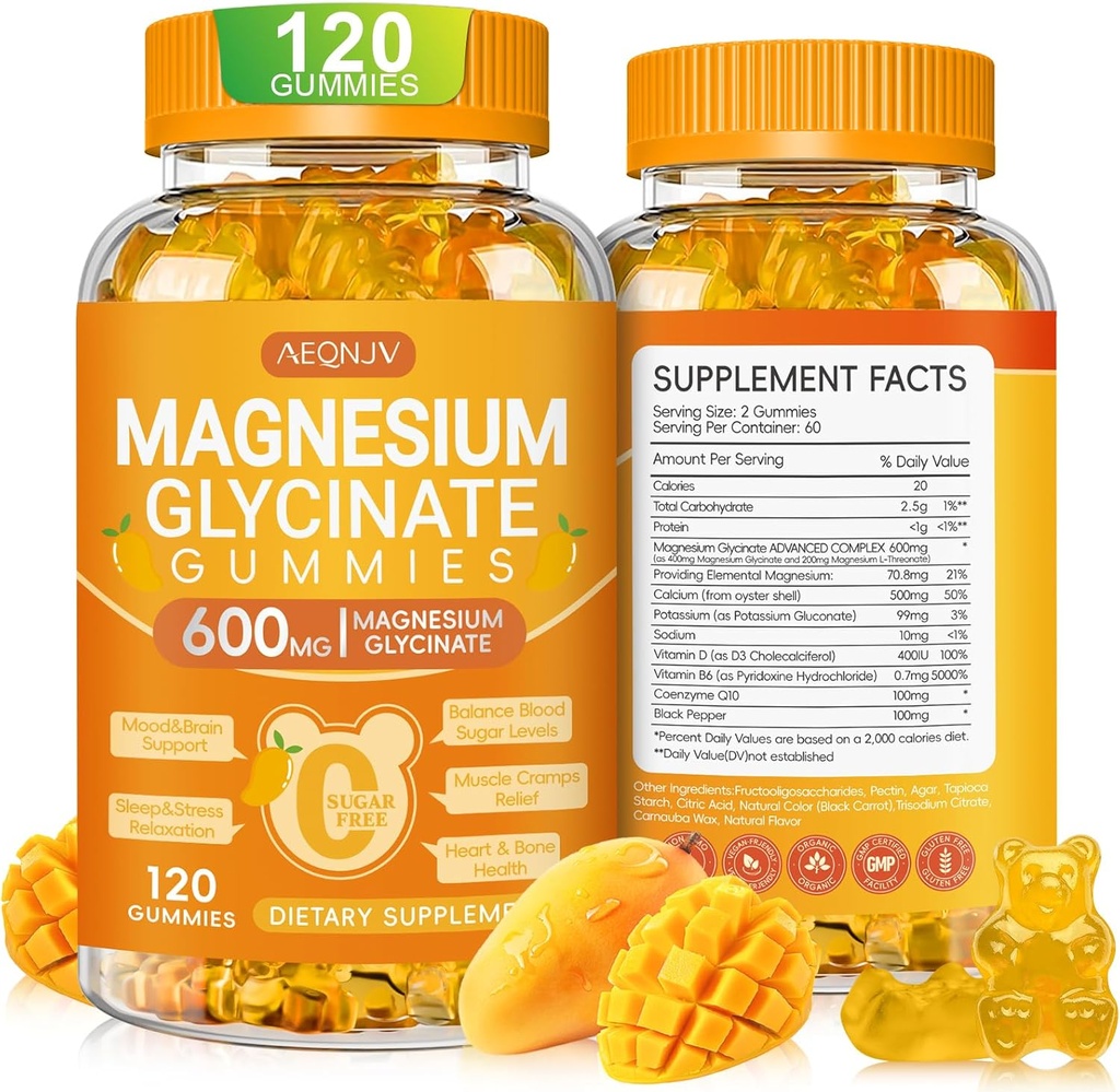 Magnesium Glycinate Gummies 600mg, Chewable Sugar Free Potassium Magnesium Gummies med Magnesium Glycinate, vitamin D, B6 och CoQ10 för sömn, avkoppling, hjärna och muskel, 120 greve
