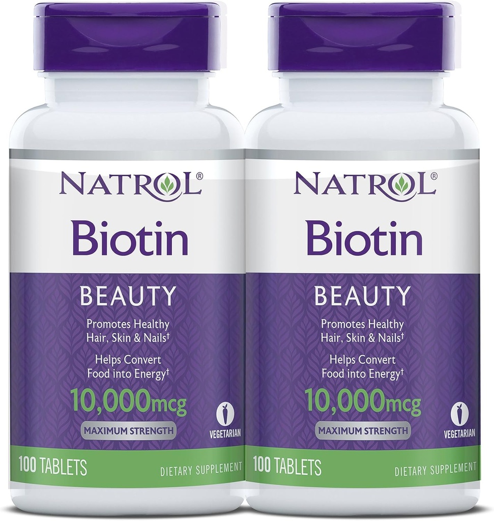 Natrol Biotin 아름다움 정제는, 건강한 머리, 피부 및 못을 승진시킵니다, 지원 에너지 대사를 돕고, 음식 Into 에너지, 최대 힘, 10,000mcg, 100 조사를 전환합니다 (2의 포장)