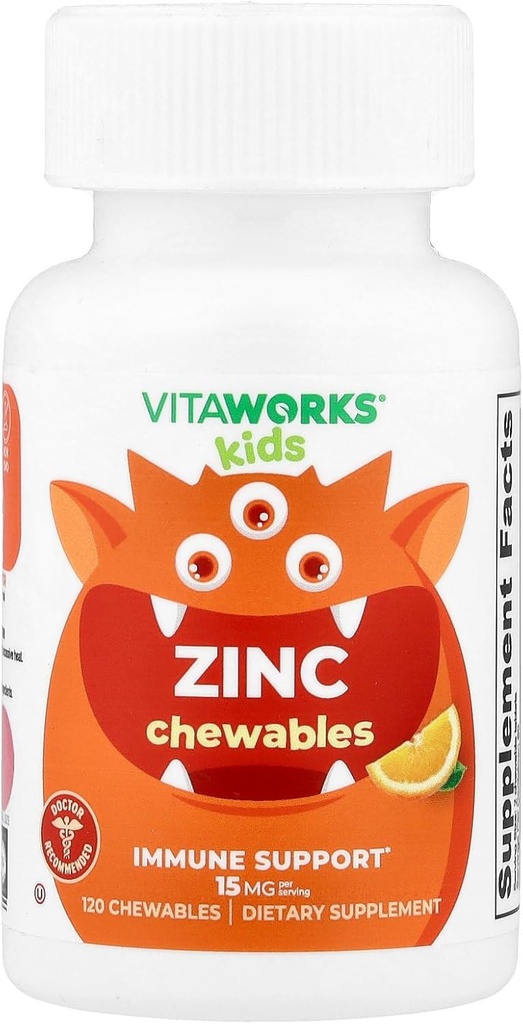 Kids Zinc 15mg Chewable Tablets - Natural Cherry Flavor - Vegan, Vegetarian, GMO-Free, Gluten Free, Nut Free Vitamins - Dietary Supplement for Immune Support - for Children - 120 Chewables