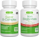 Super B- Complex & High Absorption Iron Bisglycinate 20mg s vitaminem C, Vegan Bundle, Methyled Setrvalá release B Complex & Gentle One- a- Day Iron s cíleným uvolňováním