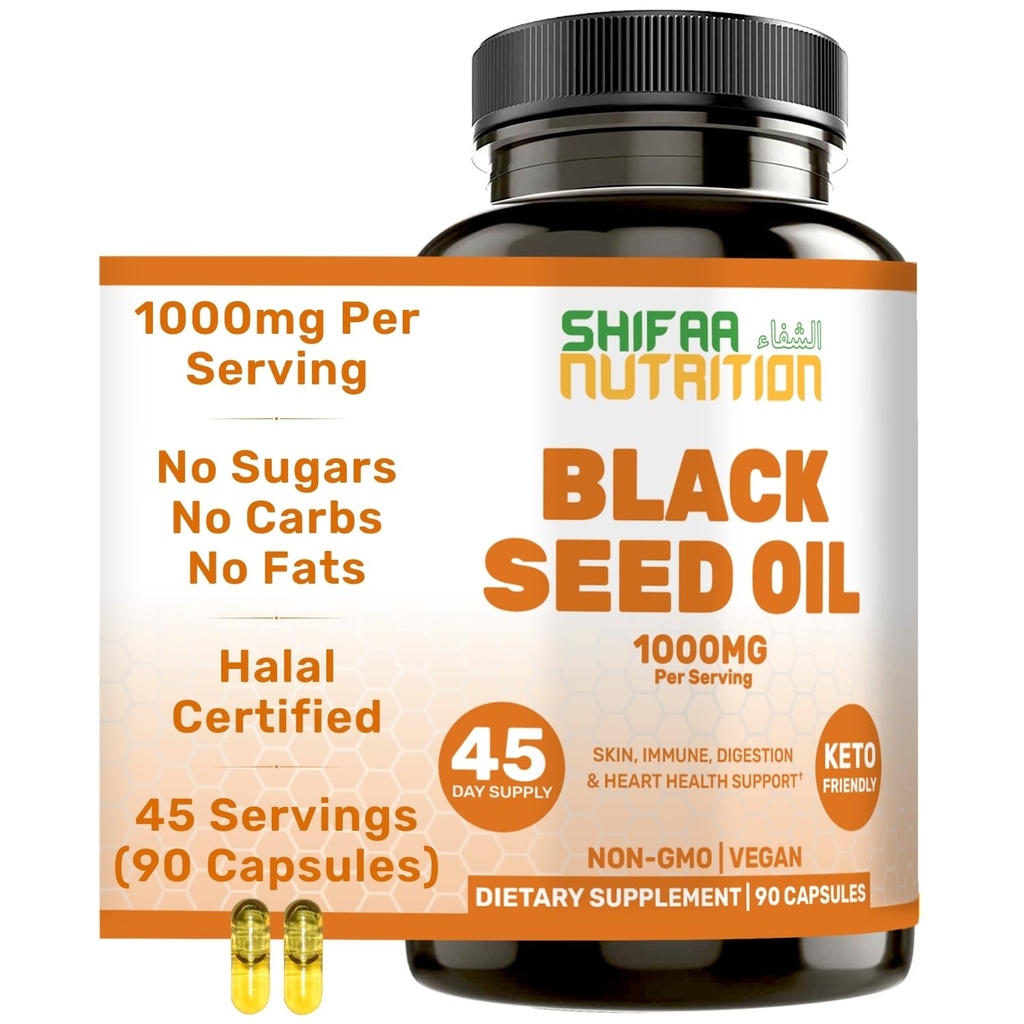 Vegan Halal Black Seed Oil 1000 mg Liquid Capsules, 45 Servings, 90 Ct. Keto-Friendly & Non-GMO. Tasteless Black Seed Oil Supplements for Women & Men. Supports Hair, Skin, Immune & Digestion