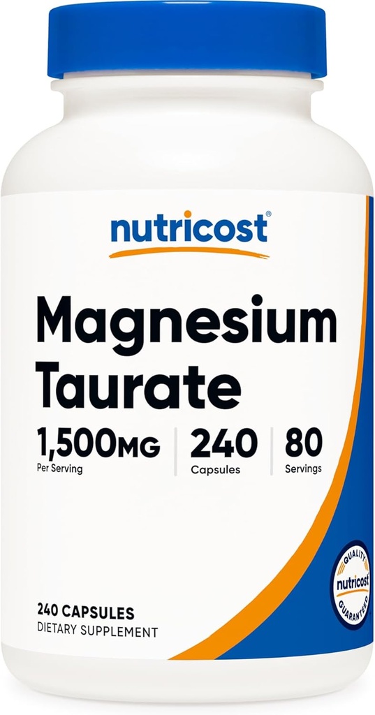 Magnesio Taurate Nutricost 1500mg; 240 kapsulak - Gluten Free, Ez-GMO, Vegan, 80 zerbitzari