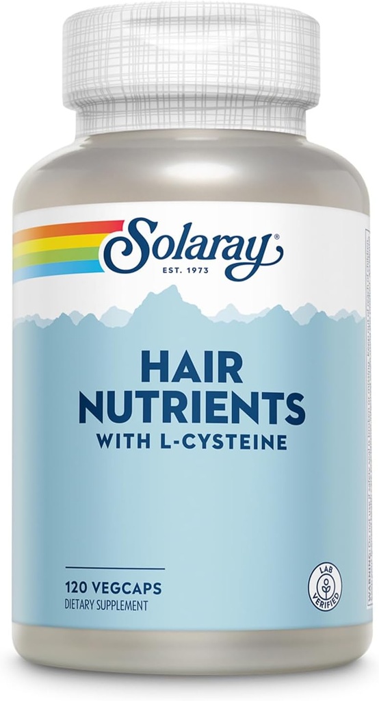 Nutrientes de cabelo SOLARAY com L-cisteína - Vitaminas de cabelo com biotina para suporte ao crescimento do cabelo - Pele de cabelo e unhas Vitaminas para mulheres e homens - Lab verificado, 60 dias de garantia - 60 Servings, 120 VegCaps