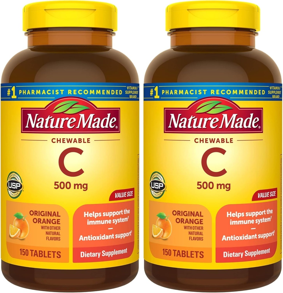 Nature Made Chewable Vitamina C 500 mg, Suplemento dietético para soporte inmune, comprimidos 150, subministración de día 150 (Pack of 2)