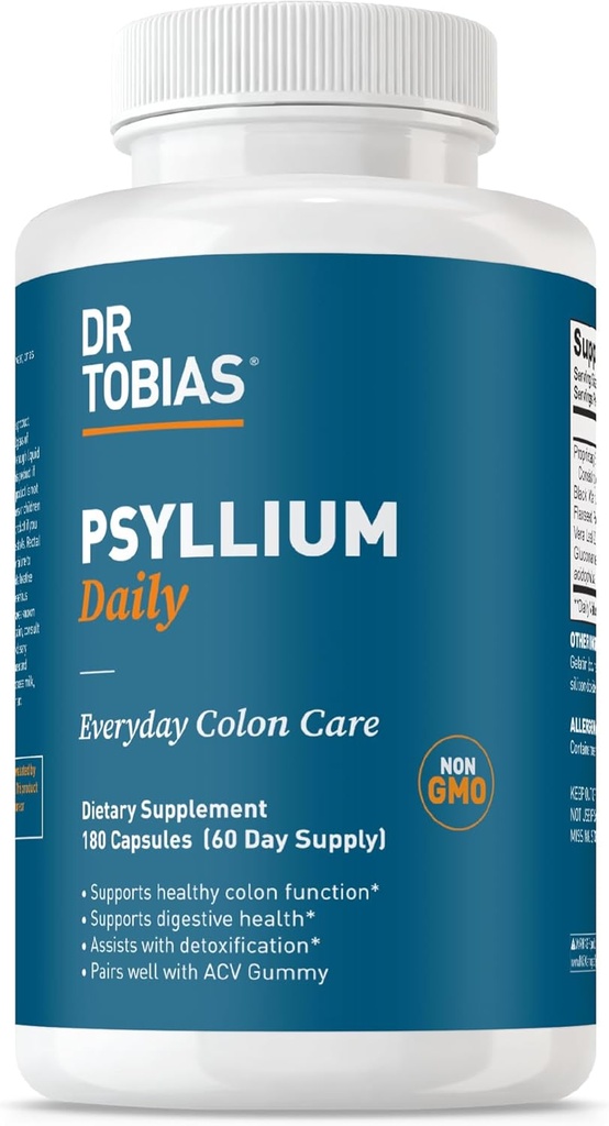 Dr. Tobias Psyllium Daily, 건강한 Bowel 운동, Bentonite Clay, Flaxseed & Natural Ingredients, 콜로겐 건강 지원의 일일 섬유 보충, 180 캡슐과 심리학 후스크 캡슐