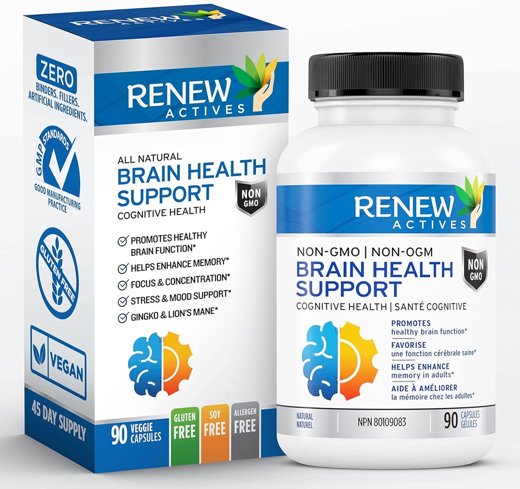 Dukungan Kesehatan Otak Renew Active - Bacopa 300MG, Ginkgo 100MG, Mane 200MG Lion per 2 Capsules - Mendukung Kesehatan Kognitif, Enhanced Memory, Promoses Focus & Mood - dibuat di Kanada - 90 Capsules