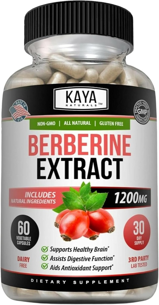 Kaya Ambassals Berberine HCL Extract 1200mg - Imune System - Gluco Levels - Gut Health (Vegetarian, Non-GMO & Gluten- Free) Berberine Suplemen (60 Count (Pack 1)