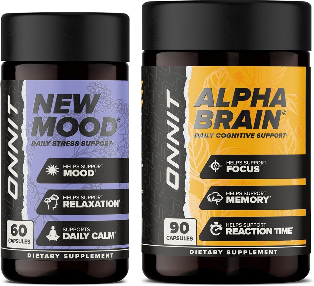 OnNIT Premium Alpha Brain Bundle - Nootropic Brain Supplement (90 Count) for Focus, Concentration & Memory + New Mood תוסף for Stress Relief, Sleep and Mood (60 Count)