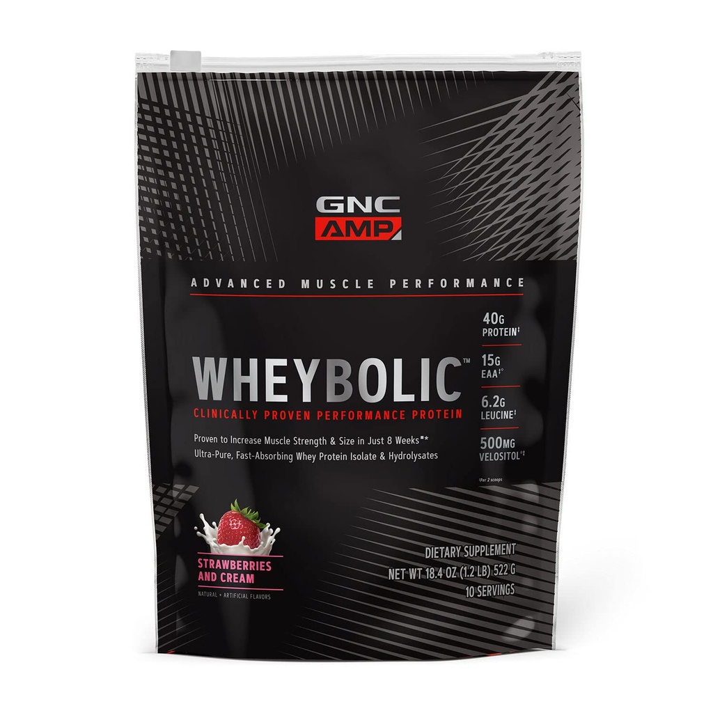 GNC AMP Wheybolic Clinically Proven Protein Powder, 40g Whey Protein, BCAA, Leucine, Increases Muscle Strength, Muscle Building, 3rd Party Tested, Gluten Free, Strawberries and Cream, 10 Servings