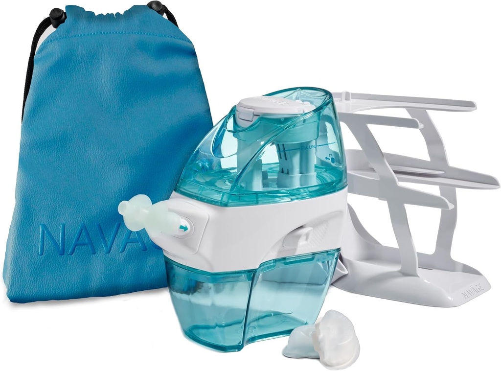 Navage Deluxe Bundle Nasal Irrigation System - Saline Nasal Rinse Kit met 1 neusreiniger, 20 zoutpillen, Sky Blue Travel Bag en 1 countertop Caddy. ...